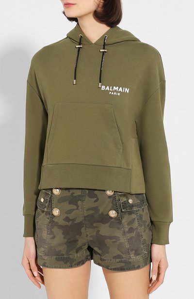 Хлопковое худи BALMAIN хаки цвета по цене 65950 руб., арт. TF13792/I383, фото 3 Хлопковое худи BALMAIN, арт. TF13792/I383, фото 3