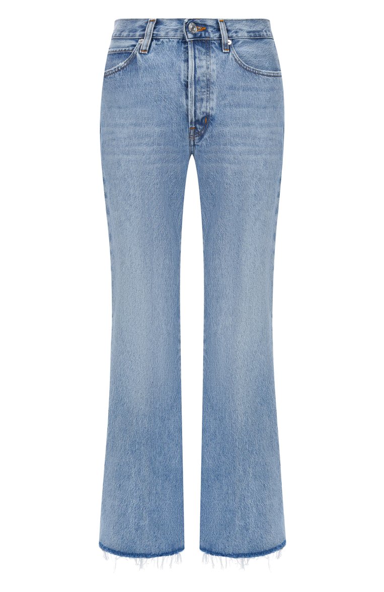 Женские джинсы the lax FRAME DENIM голубого цвета, арт. 3003RF210 | Фото 1 (Длина (брюки, джинсы): Стандартные; Автоматизация ТО: Проставлено; Автоматизация состава: Проставлено; Материал внешний: Хлопок, Деним; Детали: Делаве, Бахрома; Кросс-КТ: Деним; Силуэт Ж (брюки и джинсы): Расклешенные; Стили: Кэжуэл)