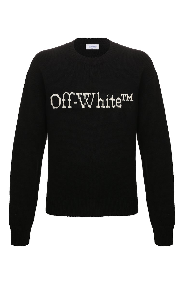 Мужской шерстяной свитер OFF-WHITE черного цвета, арт. 0MHE167F23KNI002 | Фото 1 (Материал внешний: Шерсть; Рукава: Длинные; Длина (для топов): Стандартные; Принт: С принтом; Материал сплава: Проставлено; Мужское Кросс-КТ: Свитер-одежда; Драгоценные камни: Проставлено; Стили: Кэжуэл)