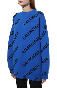 Женский шерстяной свитер BALENCIAGA синего цвета, арт. 657520/T1567 | Фото 3 (Женское Кросс-КТ: Свитер-одежда; Материал внешний: Шерсть; Рукава: Длинные; Длина (для топов): Удлиненные; Региональные ограничения белый список (Axapta Mercury): RU; Материал сплава: Проставлено; Стили: Спорт-шик; Драгоценные камни: Проставлено)