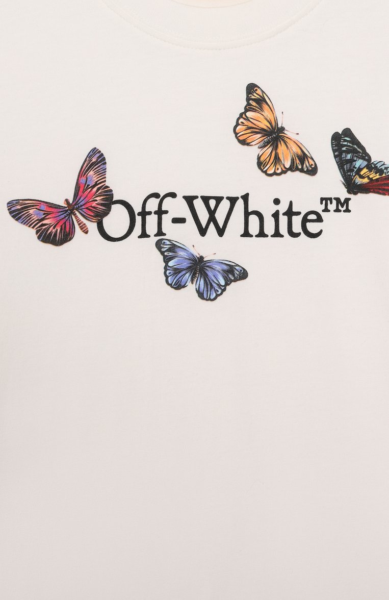 Детская хлопковая футболка OFF-WHITE молочного цвета, арт. 0GAA001S25JER003/4-12 | Фото 3 (Рукава: Короткие; Автоматизация состава: Проставлено; Автоматизация ТО: Проставлено; Материал внешний: Хлопок; Девочки Кросс-КТ: Футбо�лка-спорт, футболка-одежда; Ростовка одежда: 4 года | 104 см, 12 лет | 152 см, 8 лет | 128 см, 6 лет | 116 см, 10 - 11 лет | 140 - 146см)