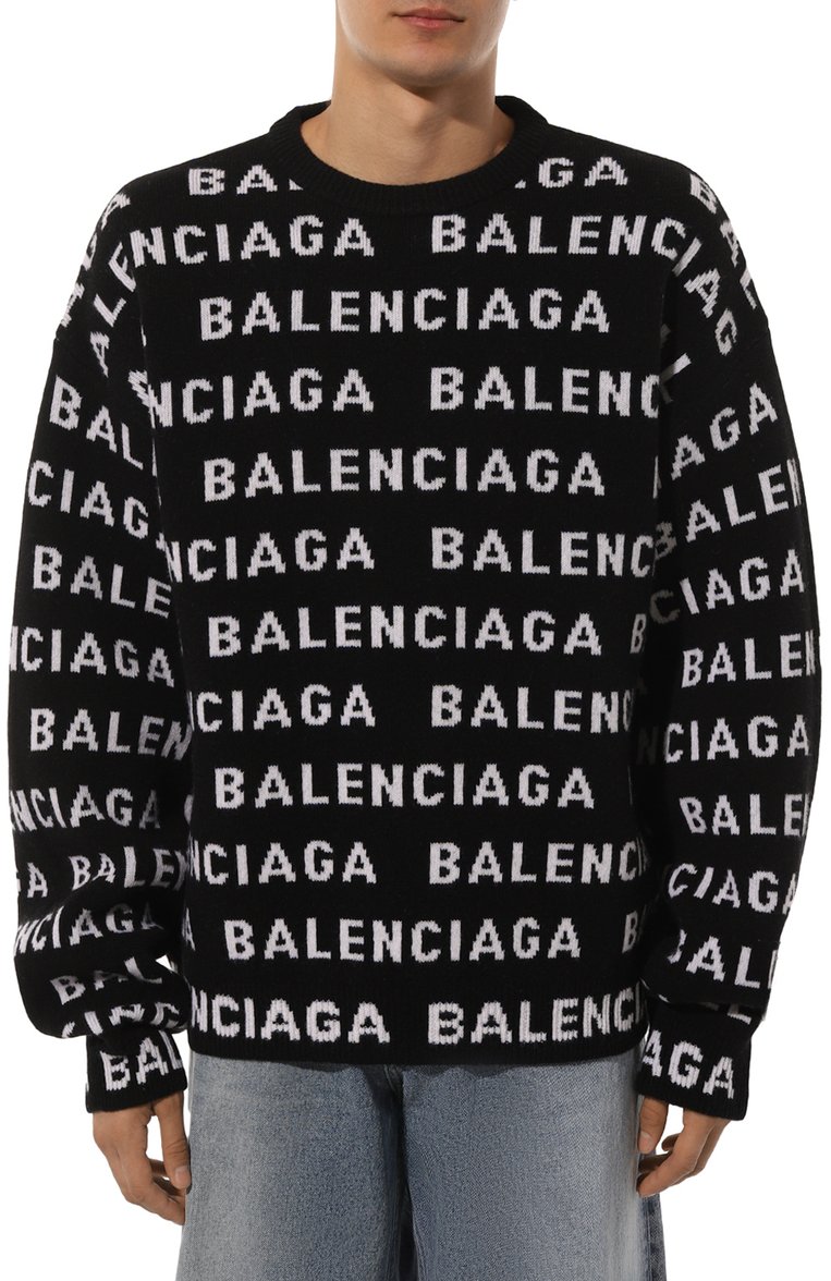Мужской шерстяной свитер BALENCIAGA черного цвета, арт. 761596/T1673 | Фото 3 (Материал внешний: Шерсть; Рукава: Длинные; Длина (для топов): Стандартные; Мужское Кросс-КТ: Свитер-одежда; Принт: С принтом; Стили: Кэжуэл; Автоматизация ТО: Проставлено; Детали: Без декора; Автоматизация состава: Проставлено)