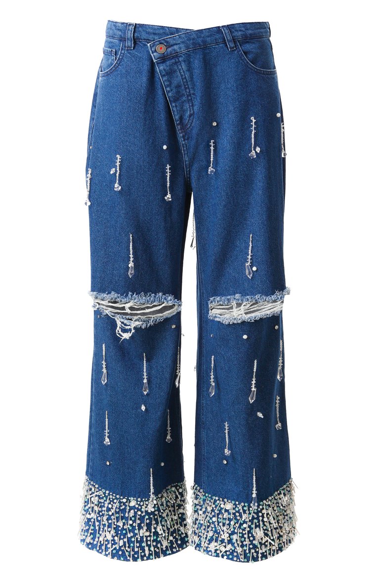 Женские джинсы IN THE MOOD FOR LOVE синего цвета, арт. FW2200400006 | Фото 1 (Материал сплава: Проставлено; Длина (брюки, джинсы): Стандартные; Драгоценные камни: Проставлено; Силуэт Ж (брю�ки и джинсы): Широкие; Кросс-КТ: Деним; Детали: Декор; Материал внешний: Деним, Хлопок; Стили: Гламурный)