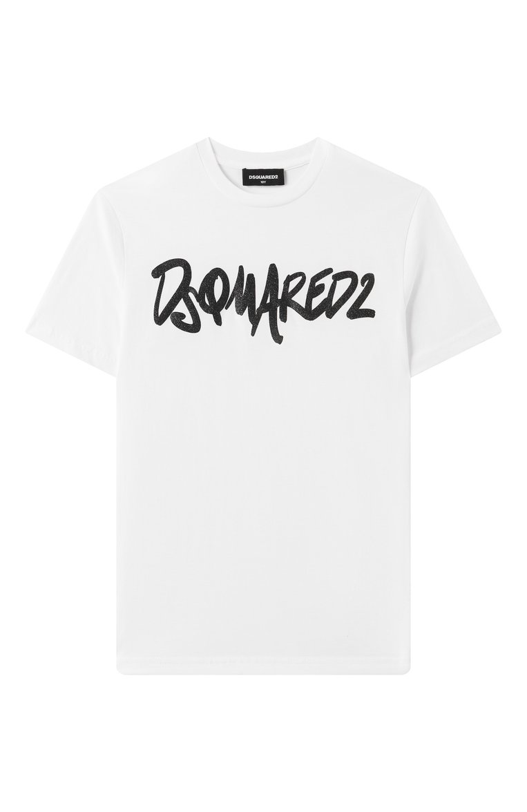 Детская хлопковая футболка DSQUARED2 белого цвета, арт. DQ2714/D0ACY | Фото 1 (Драгоценные камни: Проставлено; Рукава: Короткие; Материал сплава: Проставлено; Девочки Кросс-КТ: футболка-одежда; Материал внешний: Хлопок; Ростовка одежда: 4 года | 104 см, 8 лет | 128 см, 10 - 11 лет | 140 - 146см, 13 - 15 лет | 158 см, 6 лет | 116 см, 16 лет | 164 см)