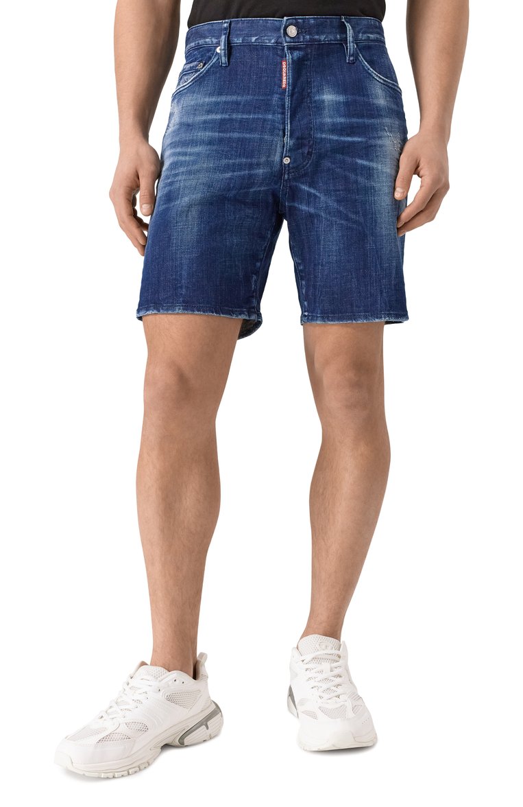 Мужские джинсовые шорты DSQUARED2 темно-синего цвета, арт. S71MU0856/S30342 | Фото 3 (Длина Шорты М: До колена; Материал внешний: Хлопок, Деним; Принт: Без принта; Стили: Кэжуэл; Случай: Повседневный; Автоматизация состава: Проставлено; Автоматизация ТО: Проставлено; Детали: Без декора)