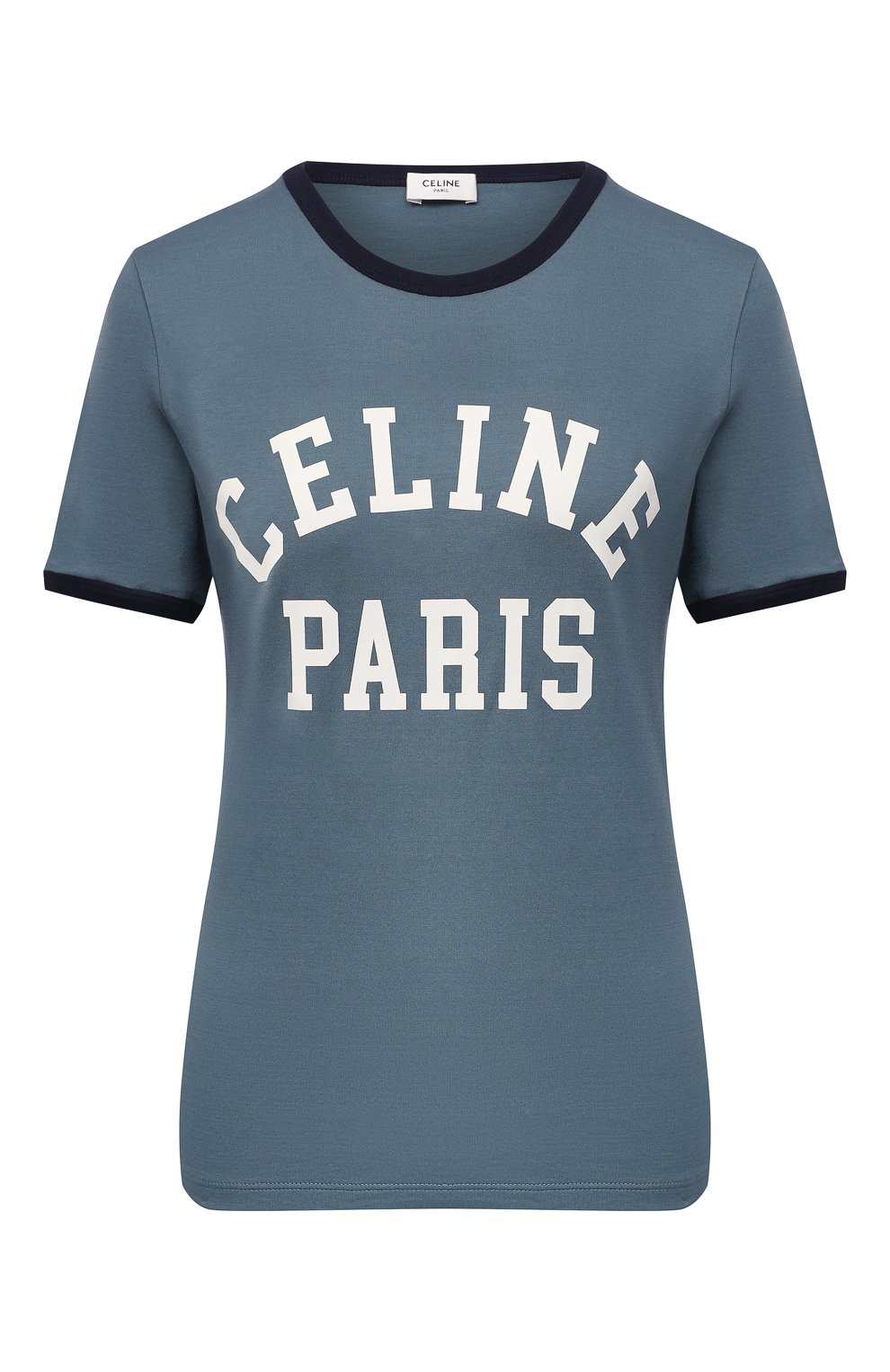 Хлопковая футболка CELINE тёмно-голубого цвета по цене 38350 руб., арт. 2X870501F, фото 1 Хлопковая футболка CELINE, арт. 2X870501F, фото 1
