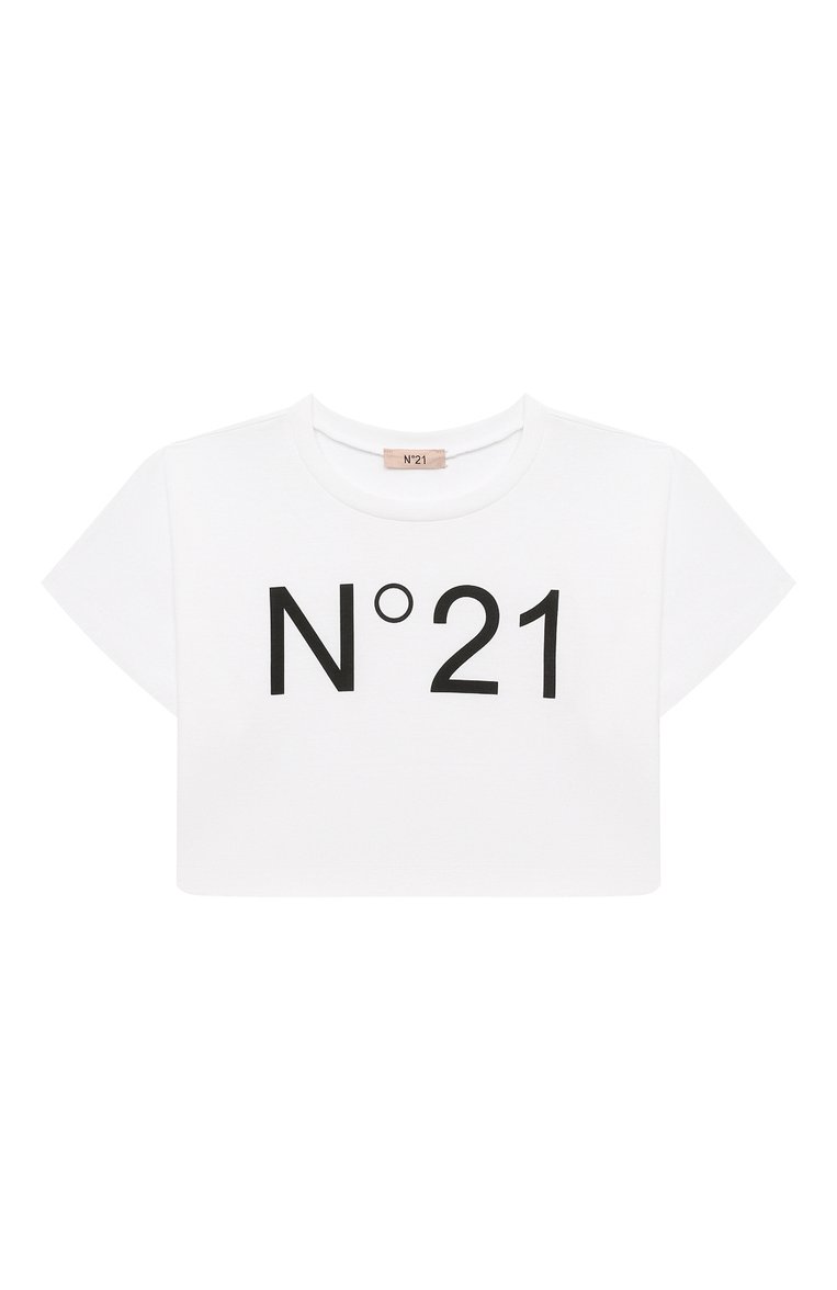 Детская укороченная футболка N21 белого цвета, арт. N21558/N0153 | Фото 1 (Материал внешний: Хлопок; Драгоценные камни: Проставлено; Рукава: Короткие; Материал сплава: Проставлено; Девочки Кросс-КТ: футболка-одежда)