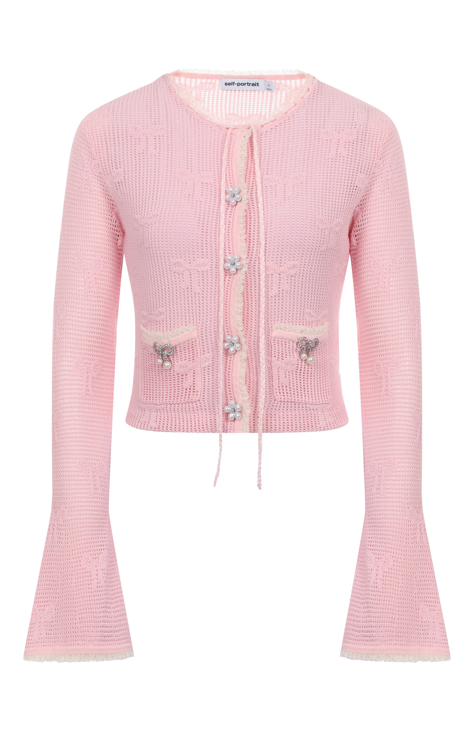 Хлопковый кардиган SELF-PORTRAIT розового цвета по цене 65350 руб., арт. SS25164CP, фото 1 Хлопковый кардиган SELF-PORTRAIT, арт. SS25164CP, фото 1
