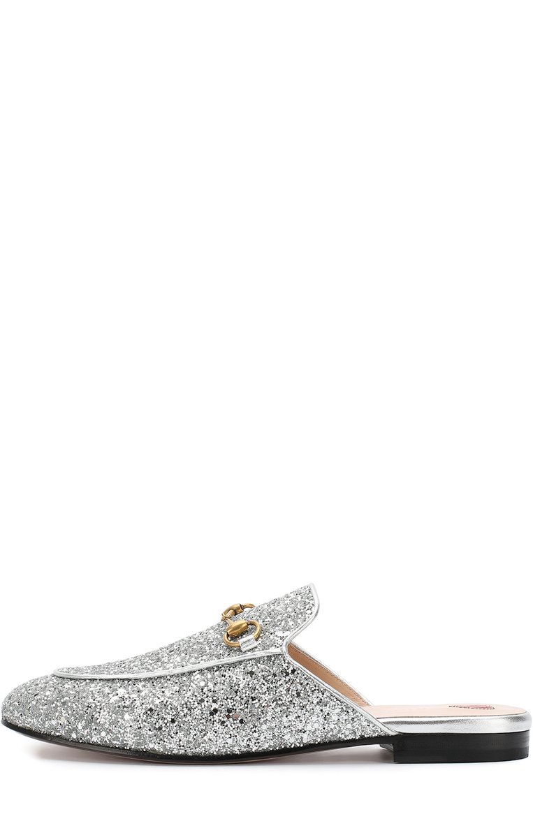 Женские кожаные сабо princetown с кружевной отделкой GUCCI серебряного цвета, арт. 506398/KSP20 | Фото 3 (Подошва: Плоская; Материал внешний: Экокожа, Натуральная кожа; Статус проверки: Проверена категория, Проверено; Каблук высота: Без каблука, Низкий; Материал внутренний: Натуральная кожа)