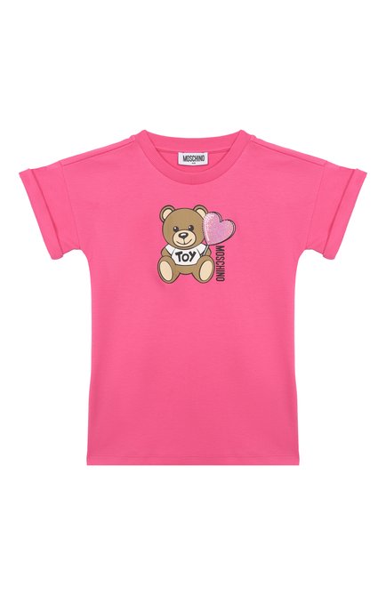 Детское хлопковое платье MOSCHINO фуксия цвета, арт. HDV0G9/LAA40/4-8 | Фото 1 (Материал внешний: Хлопок; Рукава: Короткие; Материал сплава: Проставлено; Драгоценные камни: Проставлено)