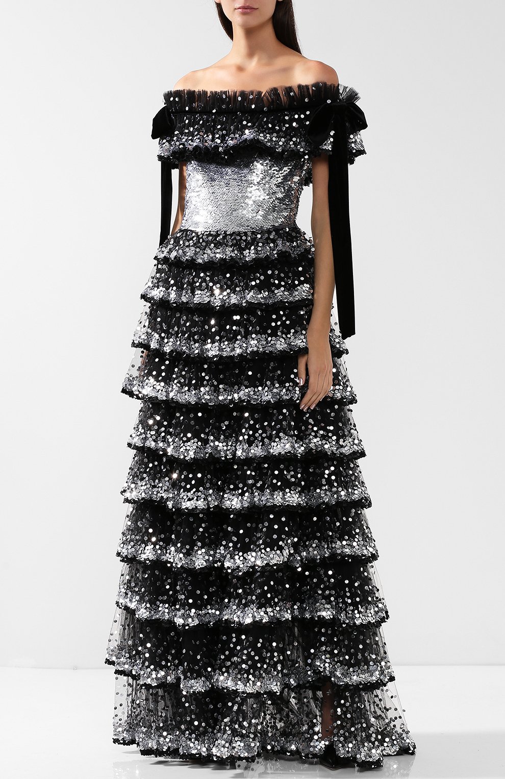 Приталенное платье-макси с оборками и пайетками VALENTINO, арт. QB2VD7P01ED, фото 3