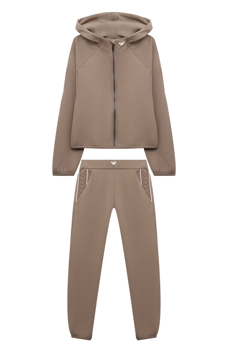 Детская комплект из толстовки и брюк EMPORIO ARMANI бежевого цвета, арт. 6D3V01/1JHSZ | Фото 1 (Рукава: Длинные; Материал внешний: Хлопок; Девочки Кросс-КТ: Костюмы-спорт; Ростовка одежда: 6 лет | 116 см, 10 - 11 лет | 140 - 146см, 7 лет | 122 см, 8 лет | 128 см, 13 - 15 лет | 158 см, 16 лет | 164 см, 4 года | 104 см, 5 лет | 110 см)