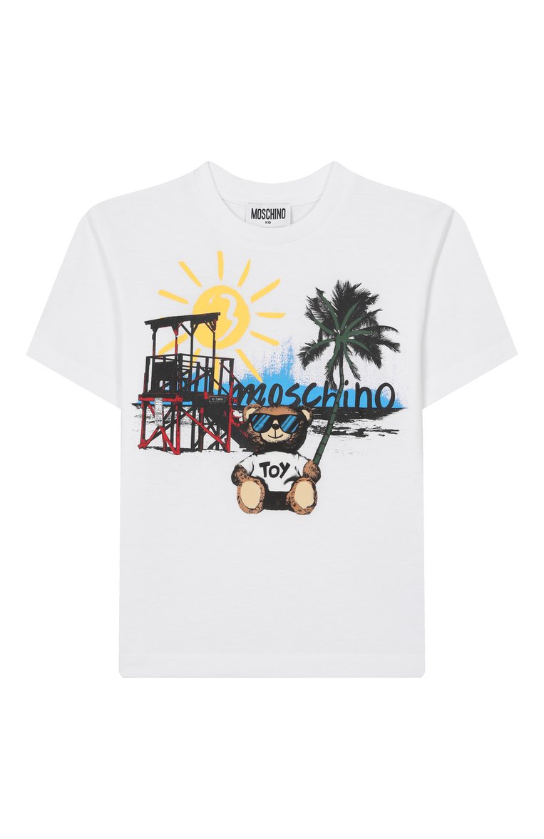 Детская хлопковая футболка MOSCHINO белого цвета, арт. H0M050/LAA23/4-8 | Фото 1 (Материал внешний: Хлопок; Рукава: Короткие; Мальчики Кросс-КТ: Футболка-одежда; Тематический товар: Teddy Bear; Автоматизация состава: Проставлено; Автоматизация ТО: Прост�авлено; Ростовка одежда: 4 года | 104 см, 5 лет | 110 см, 6 лет | 116 см, 8 лет | 128 см)