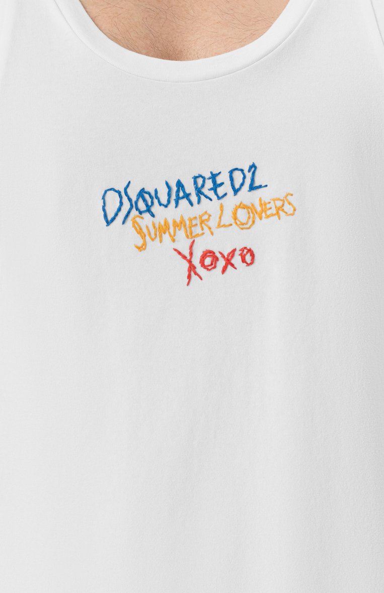 Мужская хлопковая майка DSQUARED2 белого цвета, арт. S78NL0034/S24583 | Фото 5 (Стили: Кэжуэл; Рукава: Без рукавов; Мужское Кросс-КТ: Футболка-одежда; Длина (для топов): Удлиненные; Принт: С принтом; Материал внешний: Хлопок; Автоматизация состава: Проставлено; Автоматизация ТО: Проставлено; Детали: Без декора)