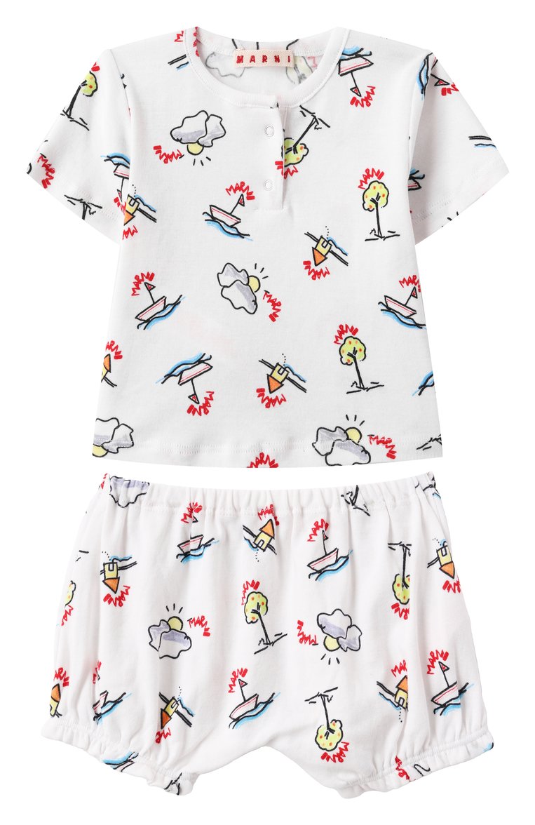 Детский комплект из футболки и шорт MARNI белого цвета, арт. M01442/M00UK | Фото 1 (Нос: Не проставлено; Материал сплава: Проставлено; Кросс-КТ НВ: Костюм; Материал внешний: Хлопок; Ростовка одежда: 3 мес | 62 см, 9 мес | 74 см, 6 мес | 68 см)