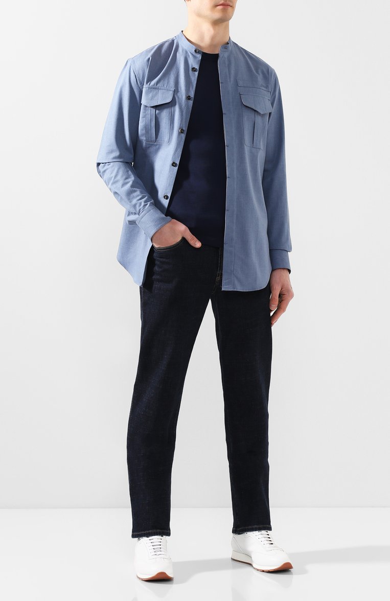 Мужской шерстяной джемпер BERLUTI синего цвета, арт. R17KRL133-004 | Фото 2 (Длина (для топов): Стандартные; Рукава: Длинные; Материал внешний: Шерсть; Мужское Кросс-КТ: Джемперы; Принт: Без принта; Вырез: Круглый; Материал сплава: Проставлено; Драгоценные камни: Проставлено; Стили: Кэжуэл)