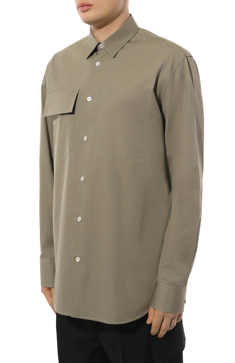 Мужская хлопковая рубашка JIL SANDER хаки цвета, арт. J23DL0002/J45001 | Фото 3 (Драгоценные камни: Проставлено; Длина (для топов): Стандартные; Материал внешний: Хлопок; Материал сплава: Проставлено; Рукава: Длинные; Воротник: Кент; Принт: Однотонные; Случай: Повседневный; Манжеты: На пуговицах; Рубашки М: Classic Fit; Стили: Милитари)