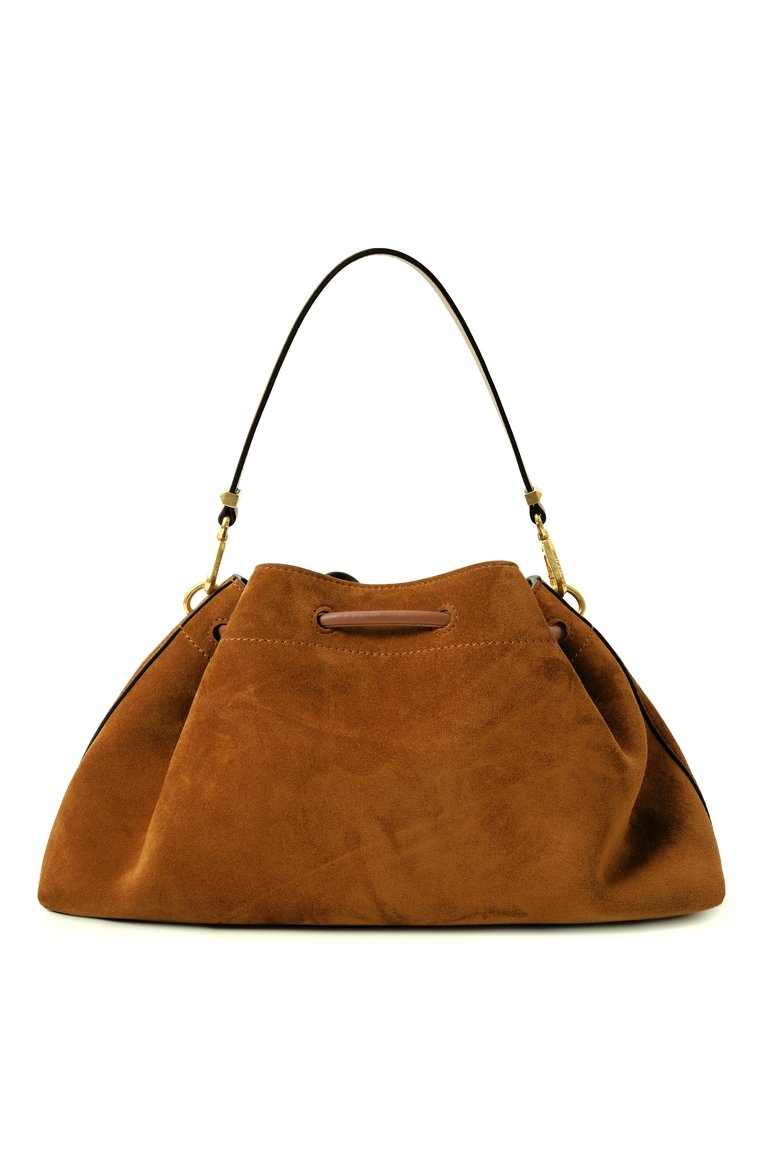 Женская сумка cinch medium JIMMY CHOO коричневого цвета, арт. B0N B0N BCKT E/W/SUE | Фото 6 (Драгоценные камни: Проставлено; Материал сплава: Проставлено; Размер: medium; Материал: Натуральная кожа, Натуральная замша; Ремень/цепочка: На ремешке)