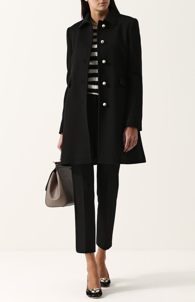 Женское черное шерстяное пальто с отложным воротником и жемчужными ...