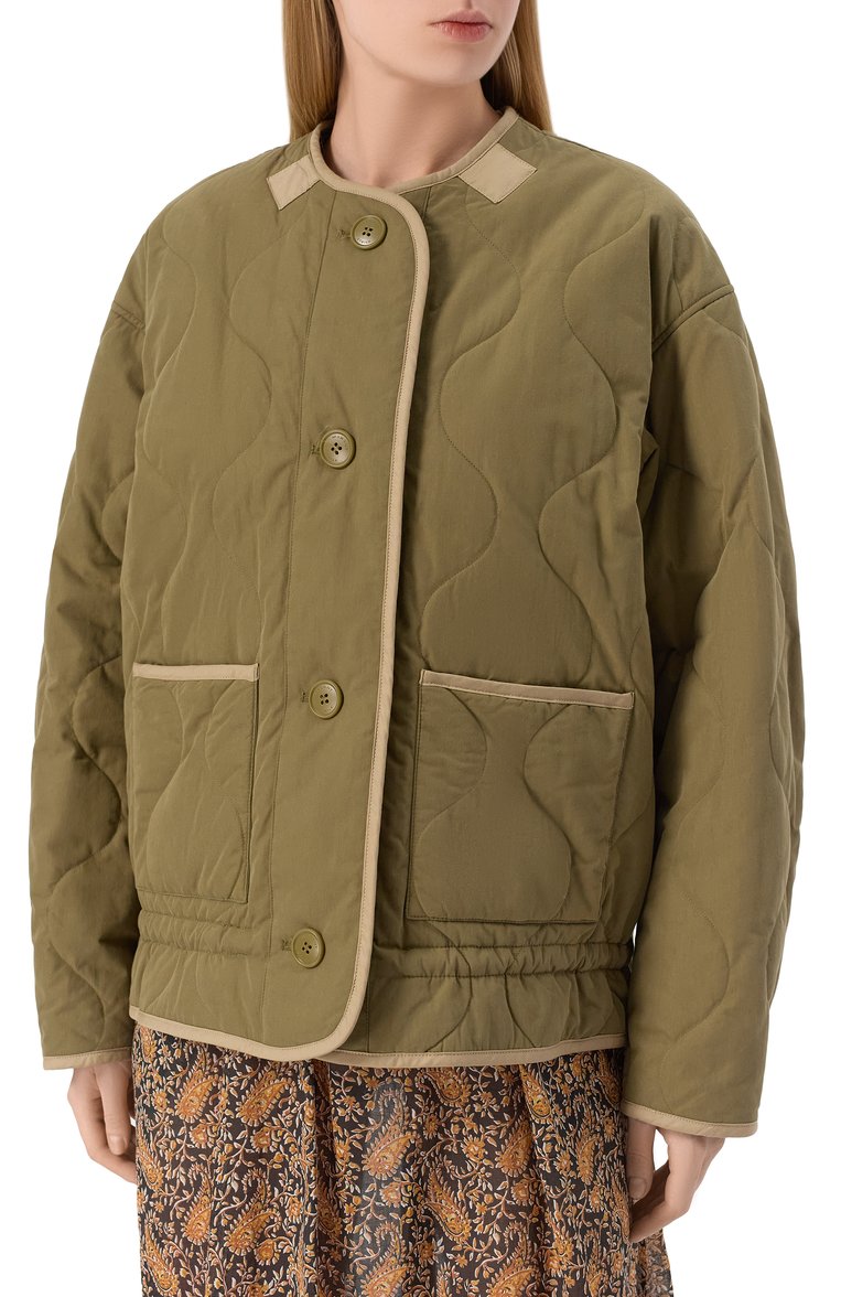 Женская хлопковая куртка ISABEL MARANT ETOILE хаки цвета, арт. MA0421FA/C1C05E | Фото 3 (Длина (верхняя одежда): Короткие; Рукава: Длинные; Материал внешний: Синтетический материал, Хлопок; Материал подклада: Хлопок; Кросс-КТ: Куртка, Легкие; Стили: Милитари; Автоматизация ТО: Проставлено; Автоматизация состава: Проставлено)