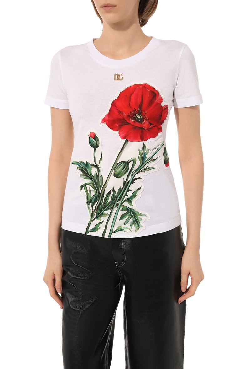Женская хлопковая футболка DOLCE & GABBANA белого цвета, арт. F8T00Z/G7I1K | Фото 3 (Рукава: Короткие; Длина (для топов): Стандартные; Материал внешний: Хлопок; Стили: Романтичный, Кэжуэл; Принт: С принтом)