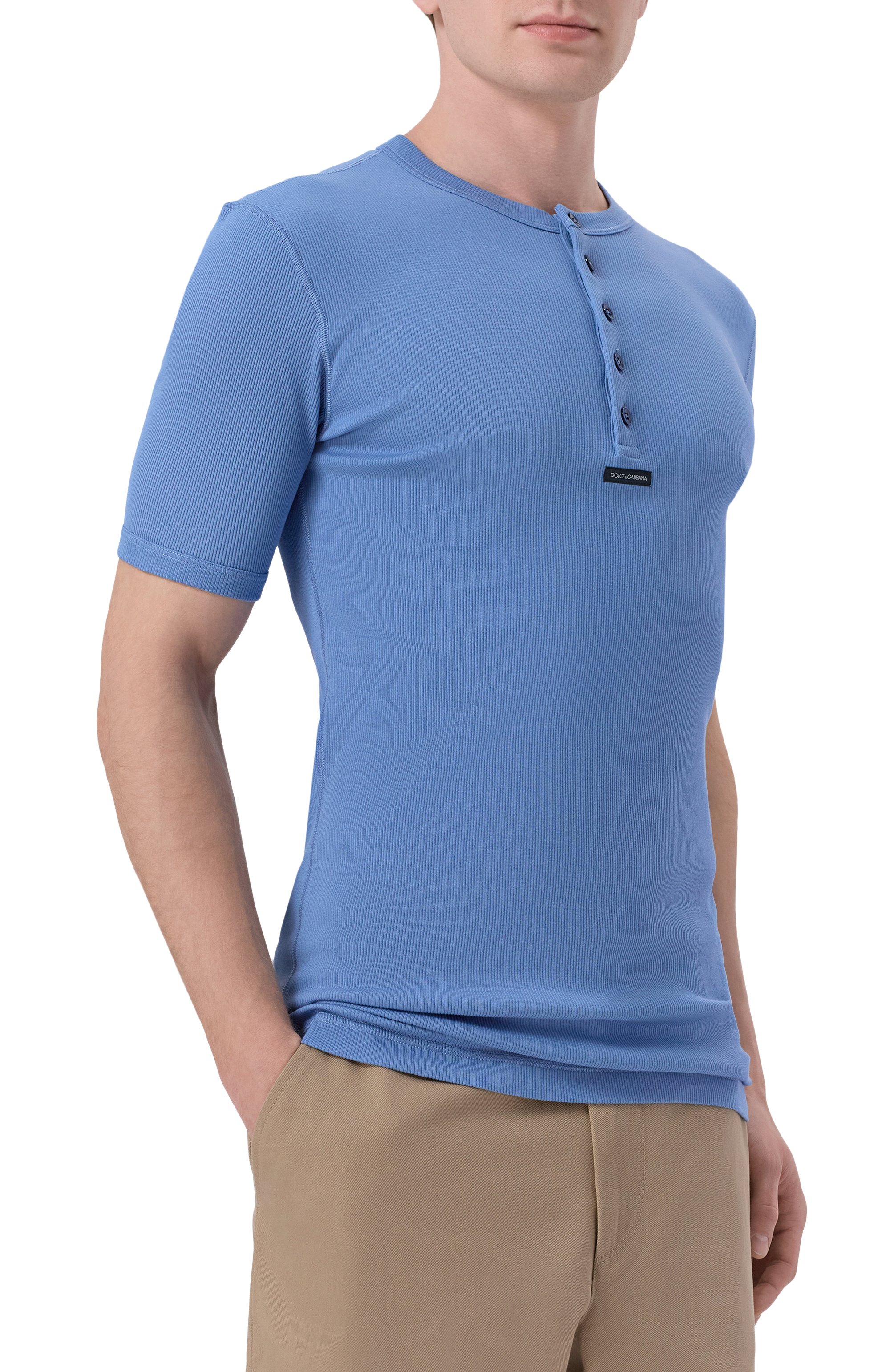 Хлопковая футболка-хенли DOLCE & GABBANA голубого цвета по цене 65300 руб., арт. G8QX6T/G7P3J, фото 3 Хлопковая футболка-хенли DOLCE & GABBANA, арт. G8QX6T/G7P3J, фото 3