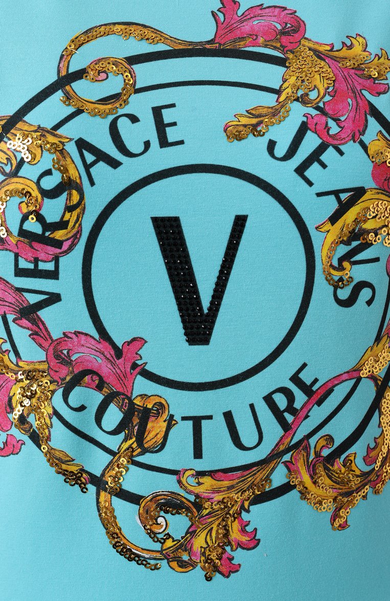 Женская хлопковая футболка VERSACE JEANS COUTURE бирюзового цвета, арт. 78HAHC01/CJ02C | Фото 6 (Длина (для топов): Стандартные; Рукава: Короткие; Материал внешний: Хлопок; Стили: Кэжуэл; Женское Кросс-КТ: Футболка-одежда; Принт: С принтом)