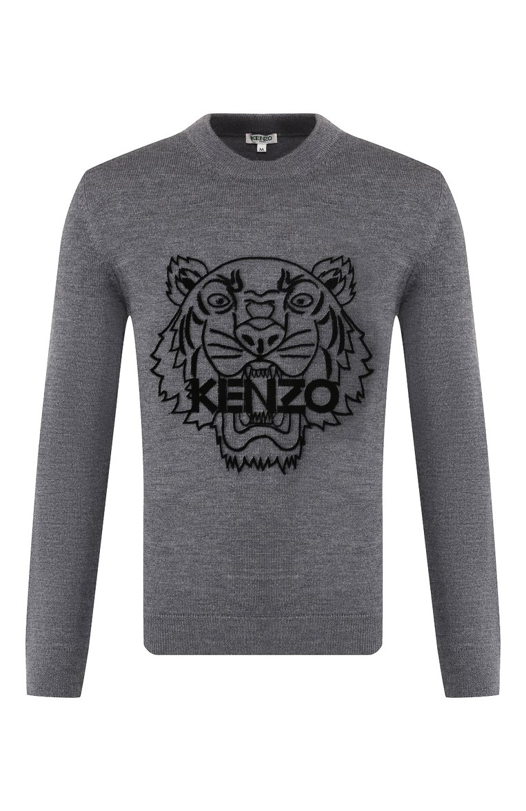 Мужской шерстяной джемпер KENZO серого цвета, арт. F965PU2133XB | Фото 1 (Длина (для топов): Стандартные; Мужское Кросс-КТ: Джемперы; Рукава: Длинные; Материал внешний: Шерсть; Статус проверки: Проверено, Проверена категория; Вырез: Круглый; Принт: С принтом; Стили: Кэжуэл)