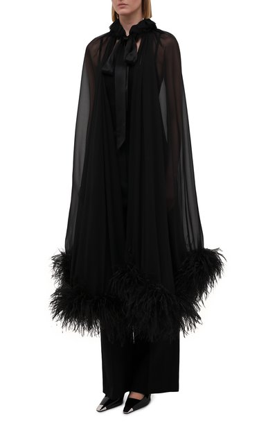 Шелковая накидка с отделкой перьями SAINT LAURENT черного цвета по цене 463500 руб., арт. 659131/Y115W, фото 3 Шелковая накидка с отделкой перьями SAINT LAURENT, арт. 659131/Y115W, фото 3