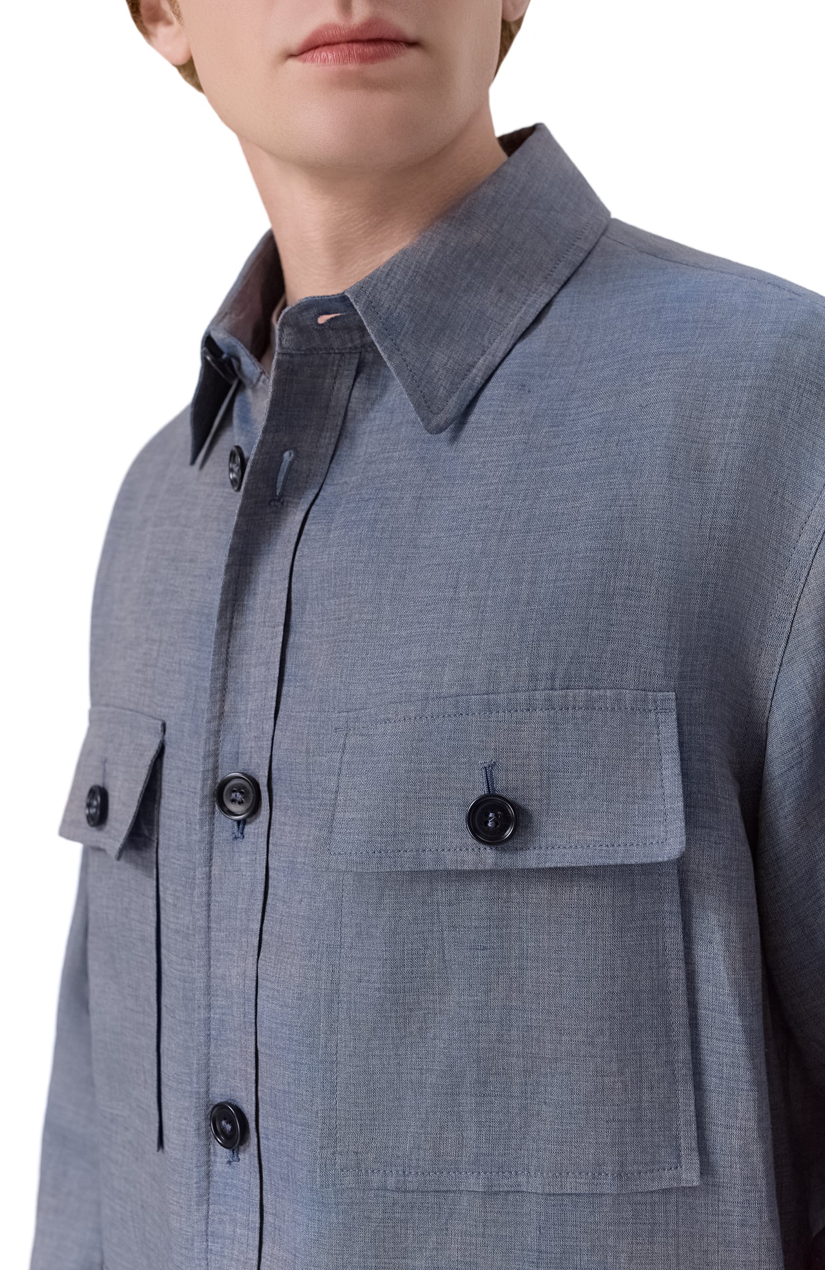 Льняная куртка-рубашка GIORGIO ARMANI голубого цвета по цене 269500 руб., арт. GM004078/TE23125, фото 5 Льняная куртка-рубашка GIORGIO ARMANI, арт. GM004078/TE23125, фото 5