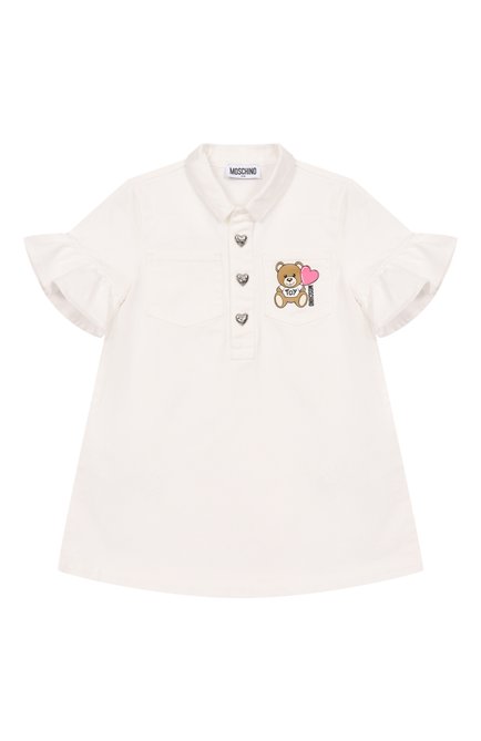 Детское джинсовое платье MOSCHINO молочного цвета, арт. HAV0EM/L0A14/4-8 | Фото 1 (Материал сплава: Проставлено; Материал внешний: Хлопок; Рукава: Короткие; Драгоценные камни: Проставлено)