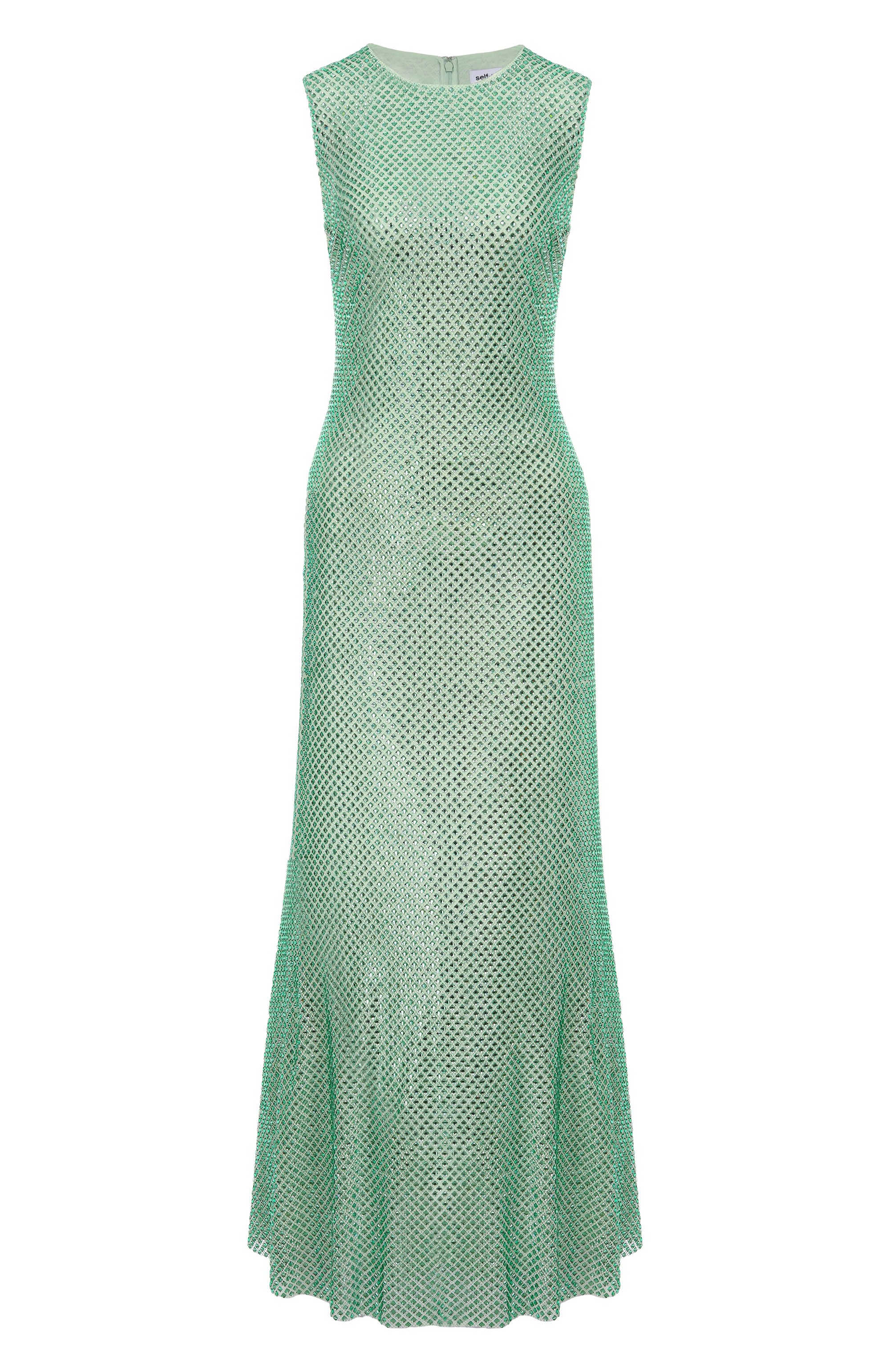 Платье с отделкой стразами SELF-PORTRAIT светло-зеленого цвета по цене 95700 руб., арт. PF25101MG, фото 1 Платье с отделкой стразами SELF-PORTRAIT, арт. PF25101MG, фото 1