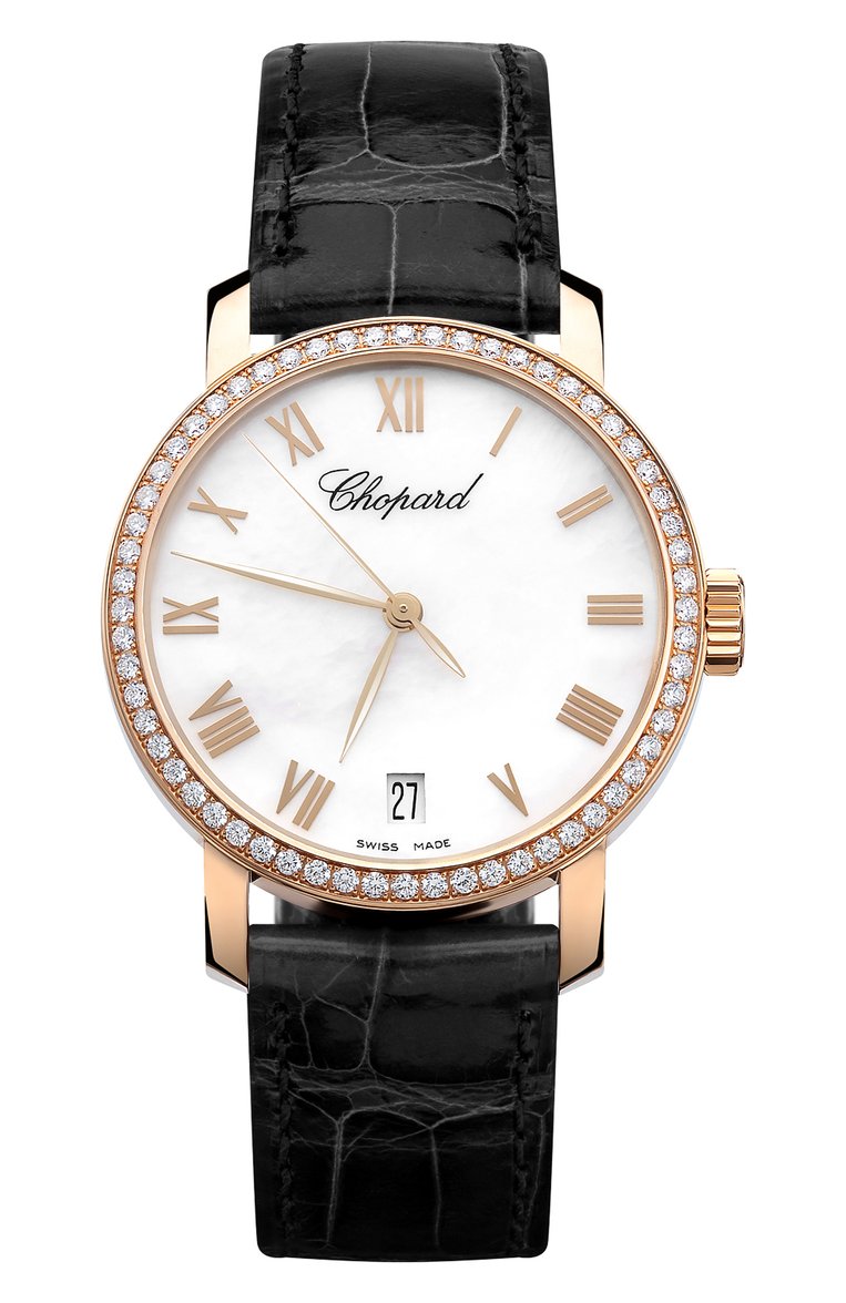 Женские часы yellow gold diamond CHOPARD бесцветного цвета, арт. 134200-0001 | Фото 1 (Материал корпуса: Жёлтое золото; Цвет циферблата: Перламутровый; Механизм: Автомат; Нос: Не проставлено; Региональные ограничения белый список (Axapta Mercury): Не проставлено)