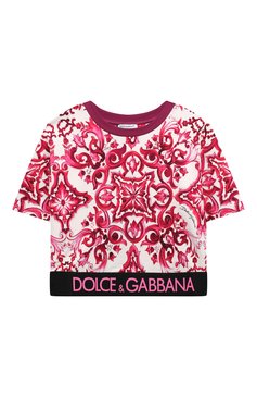 Детская хлопковая футболка DOLCE & GABBANA фуксия цвета, арт. L5JTHR/G7J5P/8-14 | Фото 1 (Девочки Кросс-КТ: футболка-одежда; Рукава: Короткие; Материал сплава: Проставлено; Материал внешний: Хлопок; Драгоценные камни: Проставлено)