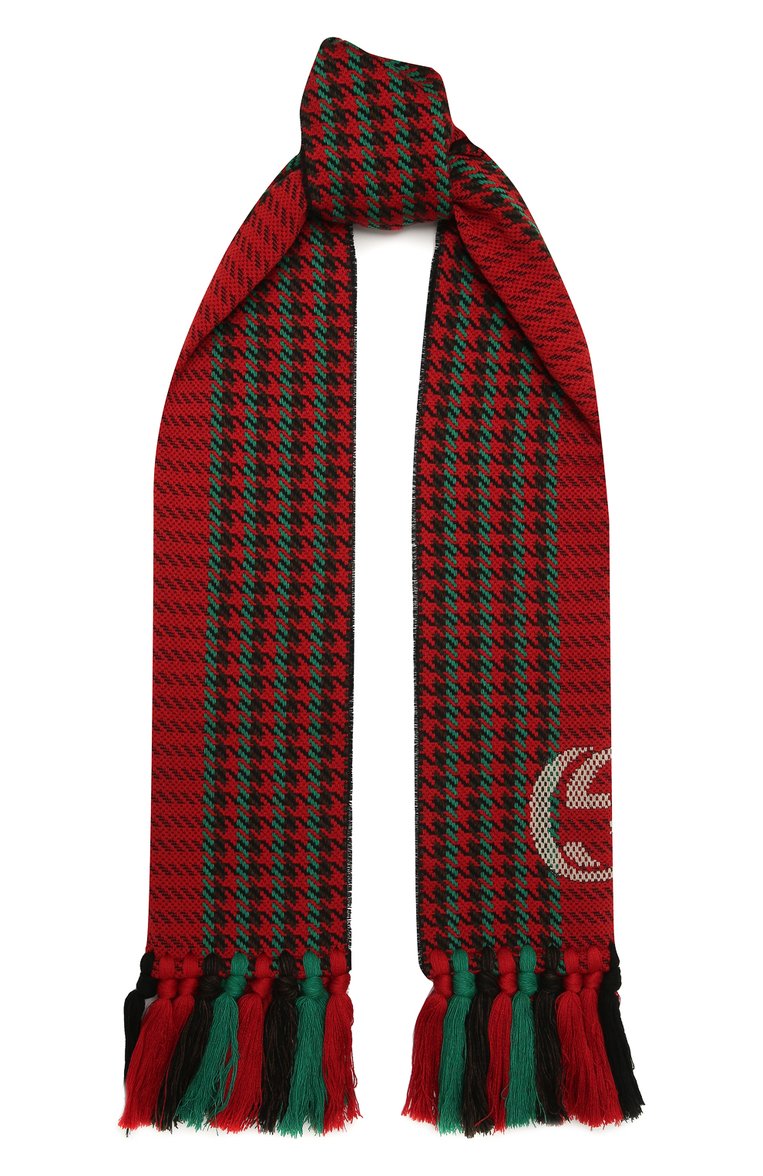 Мужской шерстяной шарф GUCCI красного цвета, арт. 648955/4GAAL | Фото 1 (Материал: Шерсть, Текстиль; Кросс-КТ: шерсть; Региональные ограни�чения белый список (Axapta Mercury): RU, Не проставлено; Мужское Кросс-КТ: Шарфы - с бахромой; Нос: Не проставлено)