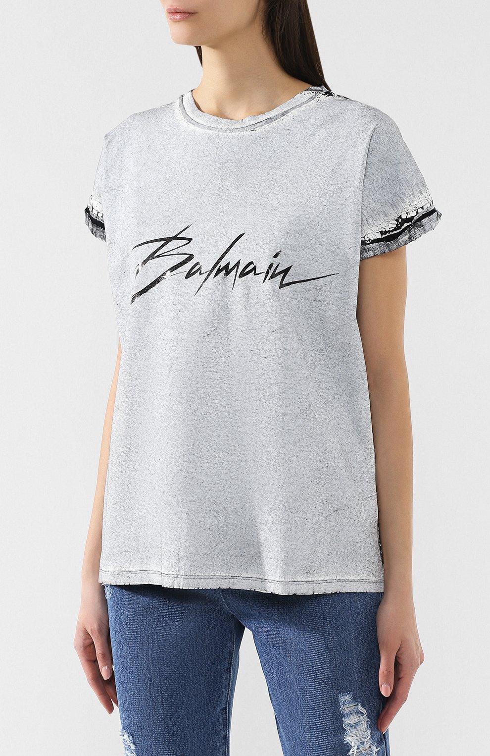 Футболка из смеси вискозы и льна BALMAIN серого цвета по цене 106500 руб., арт. RF11055/J062, фото 3 Футболка из смеси вискозы и льна BALMAIN, арт. RF11055/J062, фото 3