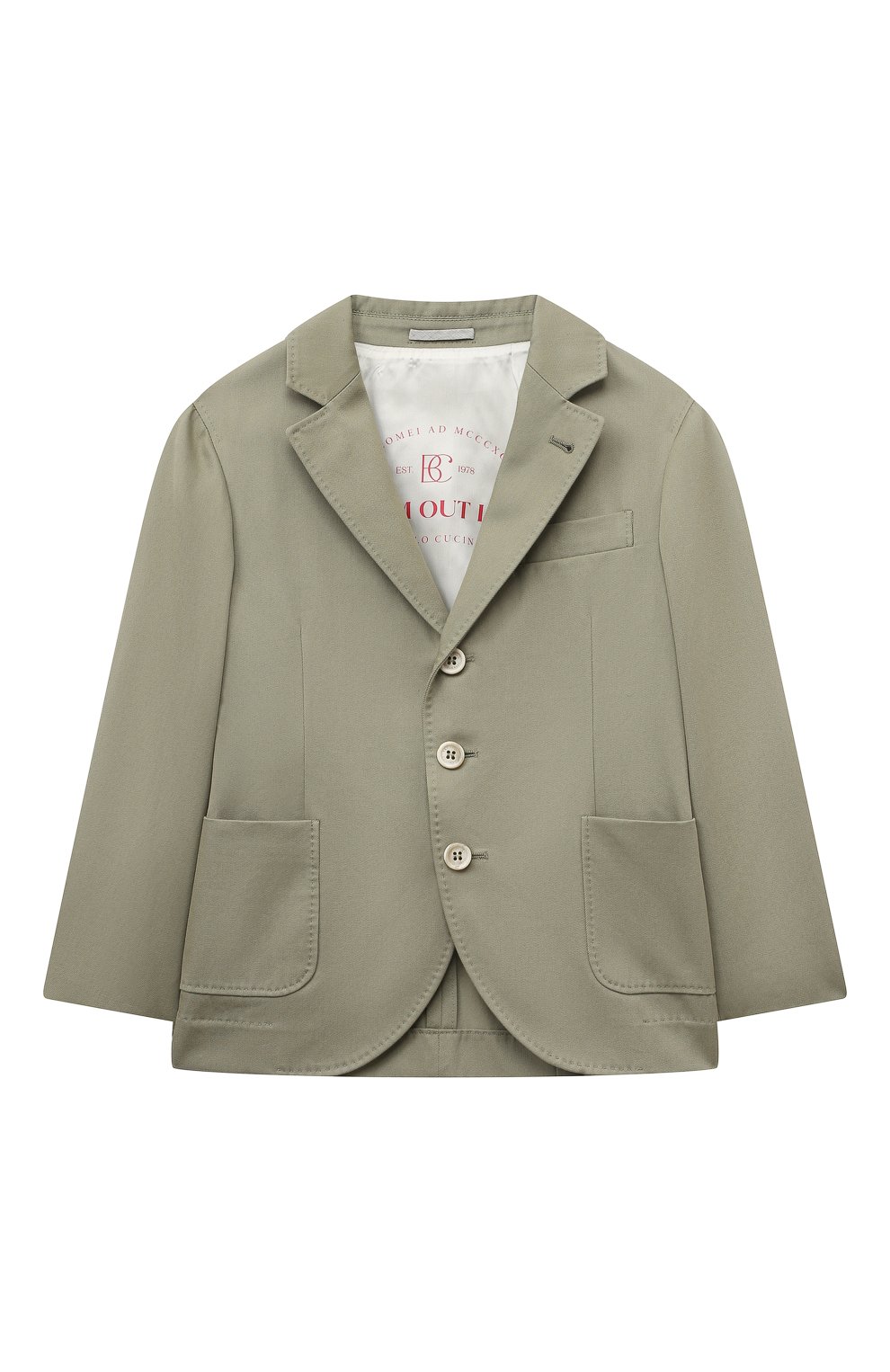 Хлопковый пиджак BRUNELLO CUCINELLI хаки цвета по цене 85900 руб., арт. BS443K726A, фото 1 Хлопковый пиджак BRUNELLO CUCINELLI, арт. BS443K726A, фото 1