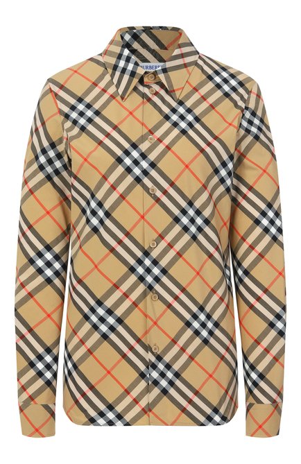 Женская хлопковая рубашка BURBERRY бежевого цвета, арт. 8106163 | Фото 1 (Длина (для топов): Стандартные; Рукава: Длинные; Драгоценные камни: Проставлено; Материал сплава: Проставлено; Материал внешний: Хлопок)