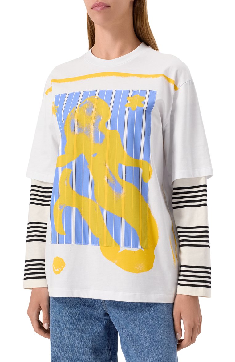 Женская хлопковый лонгслив MSGM белого цвета, арт. 3841MDM142/257002 | Фото 3 (Материал внешний: Хлопок; Рукава: Длинные; Длина (для топов): Стандартные; Стили: Гранж; Принт: С принтом)