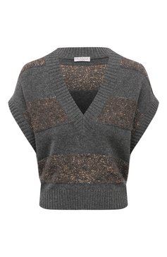Женский жилет из шерсти и кашемира BRUNELLO CUCINELLI темно-серого цвета, арт. M1670B1251 | Фото 1 (Материал внешний: Шерсть, Кашемир; Длина (верхняя одежда): Короткие; Материал сплава: Проставлено; Драгоценные камни: Проставлено; Стили: Кэжуэл; Кросс-КТ: Трикотаж)