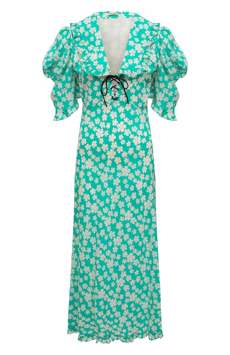 Женское шелковое платье MIU MIU бирюзового цвета, арт. MF4522-10MA-F0G1S | Фото 1 (Материал внешний: Шелк; Длина Ж (юбки, платья, шорты): Миди; Женское Кросс-КТ: Платье-одежда; Случай: Повседневный; Стили: Романтичный; Рукава: Короткие; Драгоценные камни: Проставлено; Материал сплава: Проставлено)