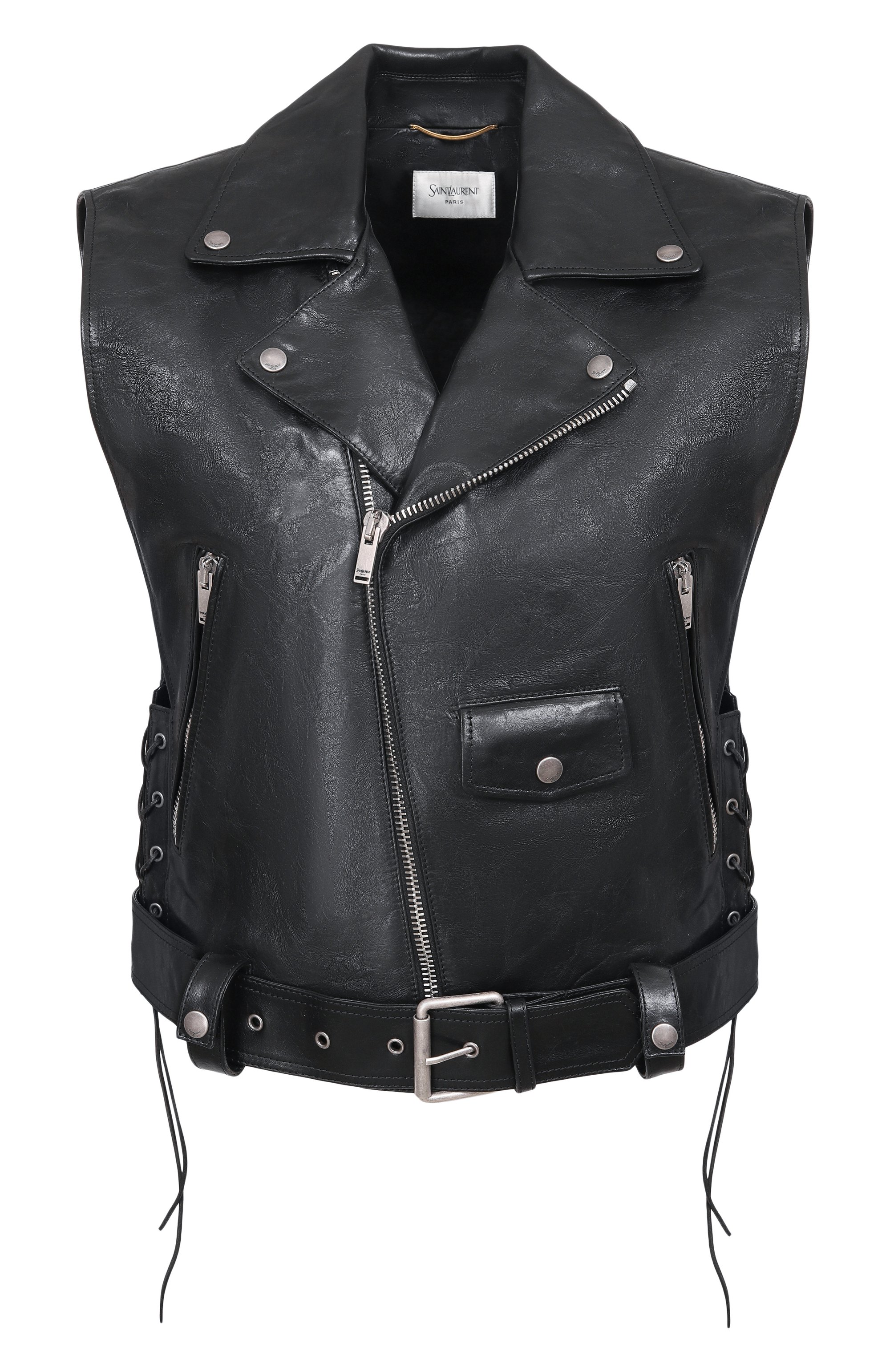 Кожаный жилет SAINT LAURENT черного цвета по цене 890500 руб., арт. 865045/YCUS2, фото 1 Кожаный жилет SAINT LAURENT, арт. 865045/YCUS2, фото 1