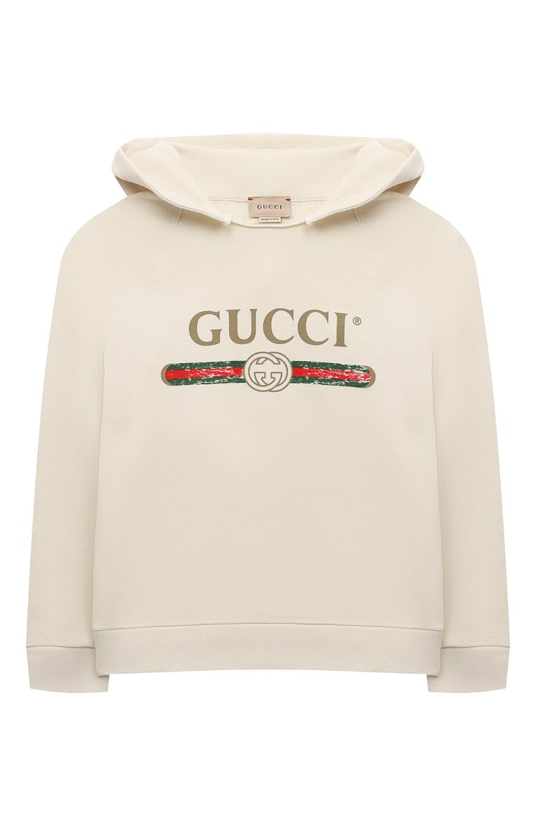 Детский хлопковое худи GUCCI молочного цвета, арт. 532484/X9039 | Фото 1 (Материал внешний: Хлопок; Рукава: Длинные; Статус проверки: Проверено, Проверена категория; Принт: С принтом; Мальчики Кросс-КТ: Худи-одежда; Автоматизация ТО: Проставлено; Автоматизация состава: Проставлено; Автоматизация Diginetica: Проверено; Ростовка одежда: 10 - 11 лет | 140 - 146см, 4 года | 104 см, 6 лет | 116 см)