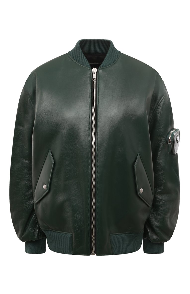 Женская кожаная куртка PRADA зеленого цвета, арт. 58A079-1ZFE-F0L76 | Фото 1 (Длина (верхняя одежда): Короткие; Рукава: Длинные; Материал внешний: Натуральная кожа; Кросс-КТ: Куртка, Легкие; Женское Кросс-КТ: Замша и кожа; Стили: Гранж)