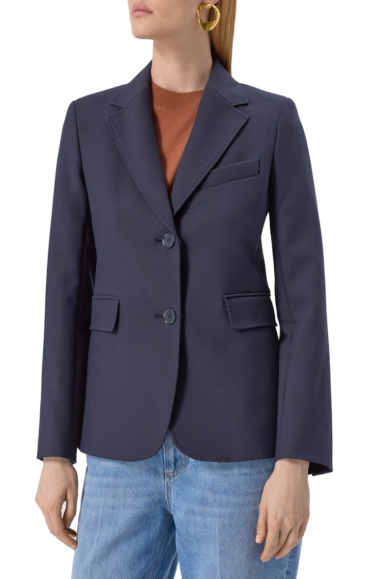 Женский жакет WEEKEND MAX MARA синего цвета, арт. UVA | Фото 3 (Рукава: Длинные; Длина (для топов): Стандартные; Материал внешний: Синтетический материал; Женское Кросс-КТ: Жакет-одежда; Стили: Классический; 1-2-бортные: Однобортные; Автоматизация состава: Проставлено; Материал подклада: Синтетический материал; Автоматизация ТО: Проставлено)