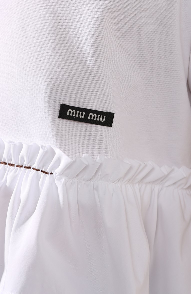 Женская хлопковая футболка MIU MIU белого цвета, арт. MJN218-1CPS-F0009 | Фото 5 (Рукава: Короткие; Материал внешний: Хлопок; Длина (для топов): Укороченные; Стили: Романтичный; Принт: С принтом)