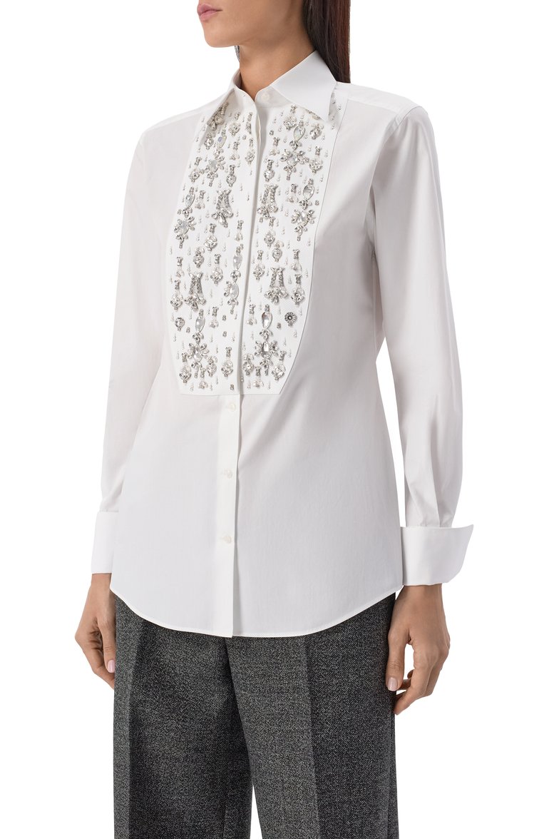 Женская хлопковая рубашка DOLCE & GABBANA белого цвета, арт. F5T16Z/FU5T9 | Фото 3 (Материал внешний: Хлопок; Рукава: Длинные; Длина (для топов): Удлиненные; Женское Кросс-КТ: Рубашка-одежда; Принт: Без принта; Стили: Классический; Автоматизация состава: Проставлено; Автоматизация ТО: Проставлено; Размерность: Идёт в размер; Re-sync: On; Детали: Декор)