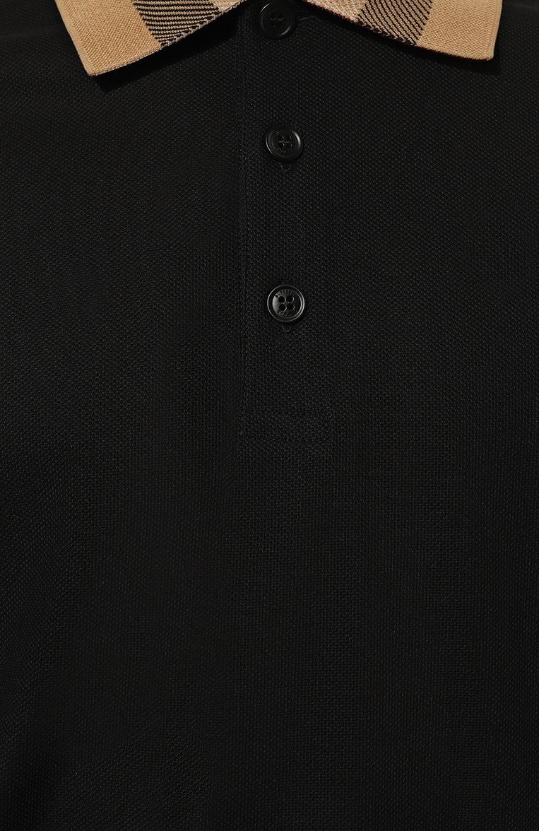 Мужское хлопковое поло BURBERRY черного цвета, арт. 8071620 | Фото 5 (Рукава: Короткие; Длина (для топов): Стандартные; Материал внешний: Хлопок; Стили: Кэжуэл; Застежка: Пуговицы; Принт: Без принта; Мужское Кросс-КТ: Футболка-одежда; Дет�али: Без декора; Автоматизация ТО: Проставлено; Автоматизация состава: Проставлено)