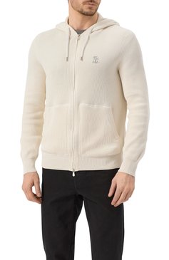 Мужской хлопковый кардиган BRUNELLO CUCINELLI кремового цвета, арт. M29200416G | Фото 3 (Рукава: Длинные; Длина (для топов): Стандартные; Материал внешний: Хлопок; Мужское Кросс-КТ: Кардиган-одежда; Стили: Кэжуэл; Застежка: Молния)