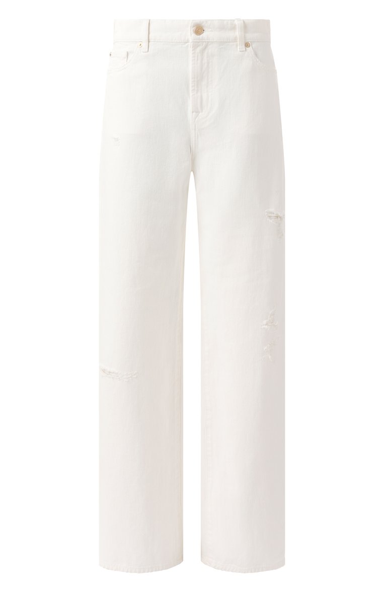 Женские джинсы 7 FOR ALL MANKIND белого цвета, арт. 7U230597MLD | Фото 1 (Длина (брюк�и, джинсы): Стандартные; Материал сплава: Проставлено; Драгоценные камни: Проставлено; Стили: Повседневный; Материал внешний: Деним, Хлопок; Кросс-КТ: Деним; Детали: Потертости; Силуэт Ж (брюки и джинсы): Прямые)